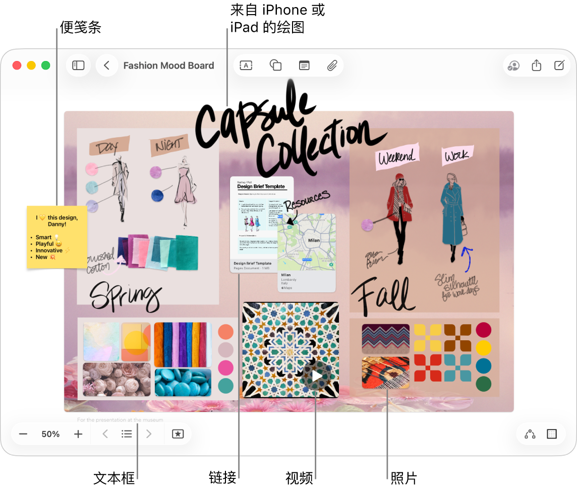 “无边记”看板包含各种项目,例如来自 iPhone 或 iPad 的绘图、便笺条、链接、文本框、视频和多张照片。