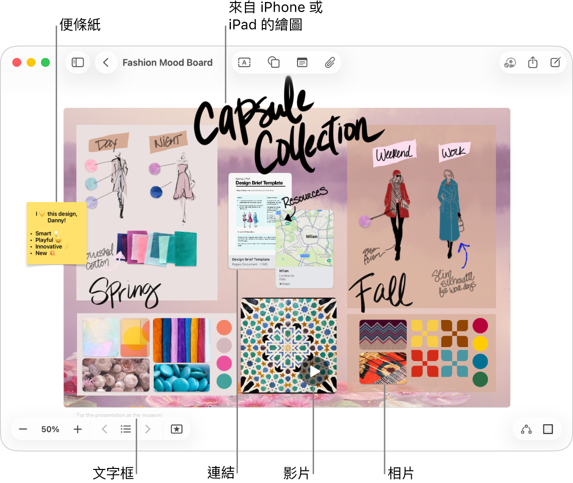 Freeform 記事板上有各種項目，例如來自 iPhone 或 iPad 的圖畫、便條紙、連結、文字框、影片和一些相片。