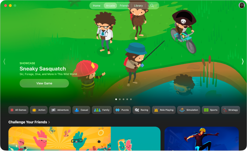 L’app Apple Games che mostra il pannello Arcade. Lo schermo mostra le illustrazioni promozionali di giochi come Sneaky Sasquatch e WHAT THE CLASH? e Skate City: New York.