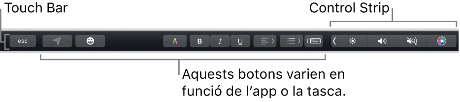 La Touch Bar, situada a la part superior del teclat, que mostra la Control Strip contreta, a la dreta, i botons que varien segons l'app o la tasca.