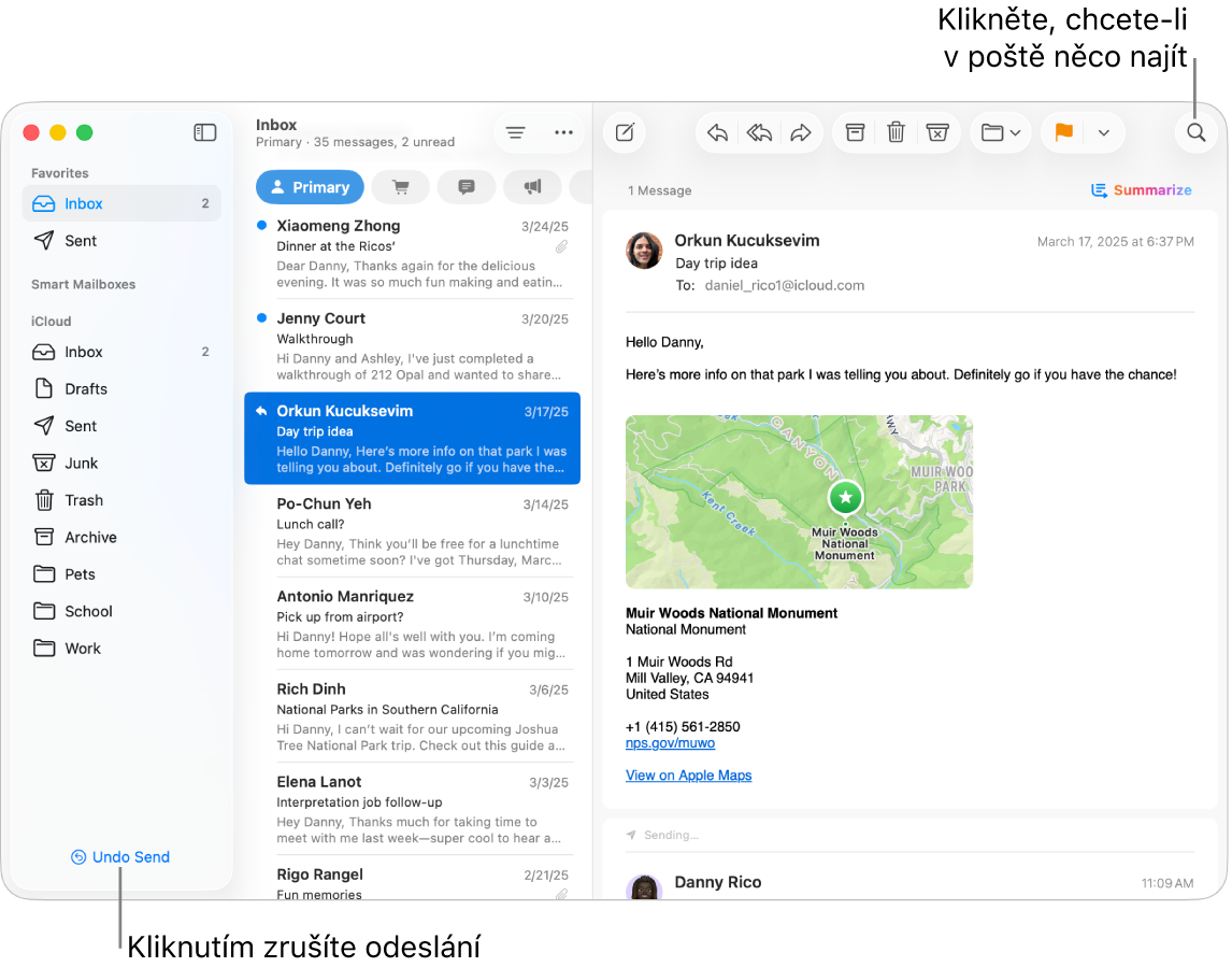Okno mailu s bočním panelem na levé straně. V dolní části bočního panelu je tlačítko Zrušit odeslání