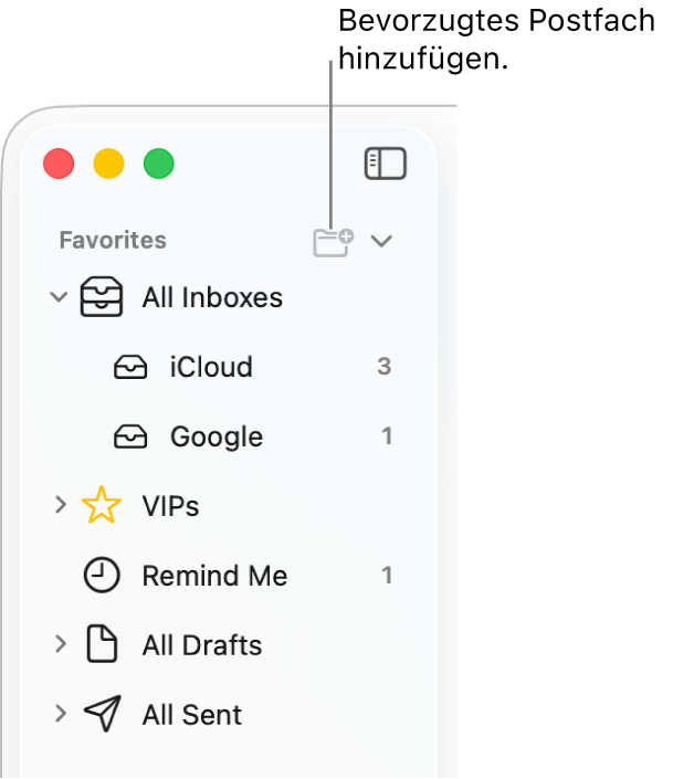 Die Seitenleiste von Mail mit verschiedenen Accounts und Postfächern sowie den Bereichen „Favoriten“ und „Entwürfe (alle)“. Klicke oben in der Seitenleiste auf die Taste rechts neben „Favoriten“, um ein Postfach zu diesem Bereich hinzuzufügen.