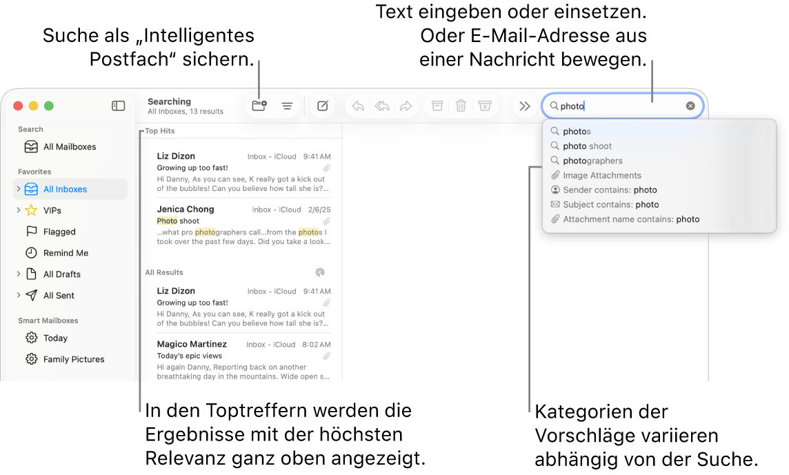 Das durchsuchte Postfach wird in der Seitenleiste hervorgehoben. Du kannst Text in das Suchfeld eingeben oder einsetzen oder eine E-Mail-Adresse aus einer E-Mail bewegen. Während der Eingabe werden unterhalb des Suchfelds Vorschläge angezeigt. Diese werden abhängig von dem von dir gesuchten Text in Kategorien wie Betreff, Status oder Anhänge verwaltet. In den Toptreffern werden die Ergebnisse mit der höchsten Relevanz ganz oben angezeigt.