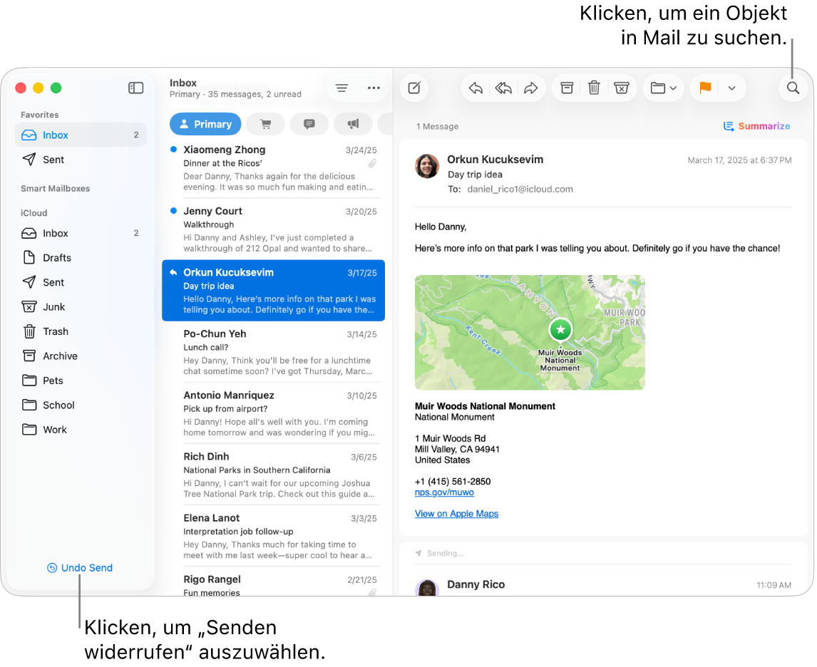 Ein Mail-Fenster mit der Seitenleiste links. Die Taste „Senden widerrufen“ befindet sich unten in der Seitenleiste.