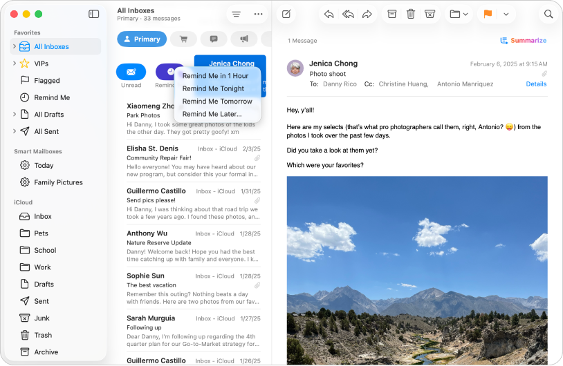 Ein Fenster der App „Mail“, das verschiedene Optionen für „Erinnerungen“ anzeigt.