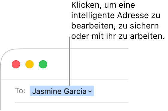 Eine intelligente Adresse mit dem Pfeil, auf den du klicken kannst, um die Adresse zu bearbeiten, zu sichern oder zu verwenden.