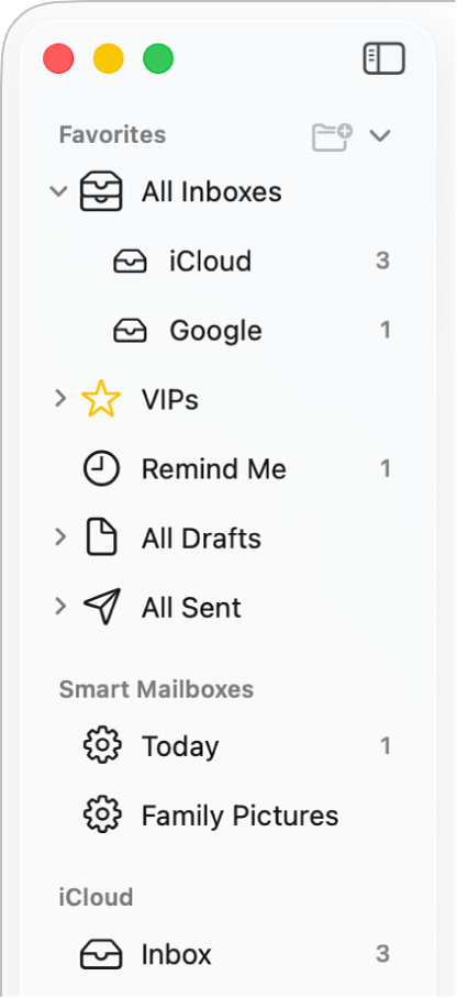 The Mail sidebar showing standard mailboxes (such as Inbox and Drafts) at the top of the sidebar, and mailboxes you created in the Smart Mailboxes sections.