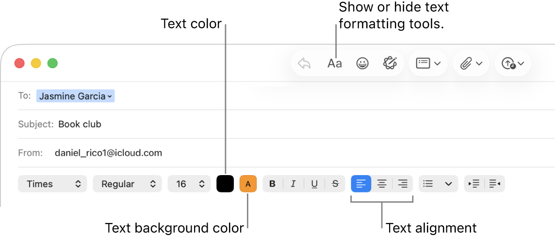 The toolbar and formatting options in a new message window indicating the text color, text background color, and text alignment buttons.