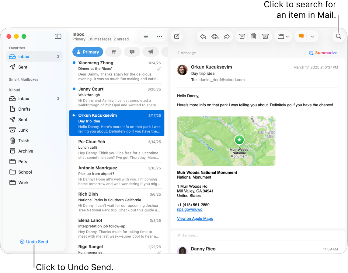 A Mail window showing the sidebar on the left. The Undo Send button is at the bottom of the sidebar.