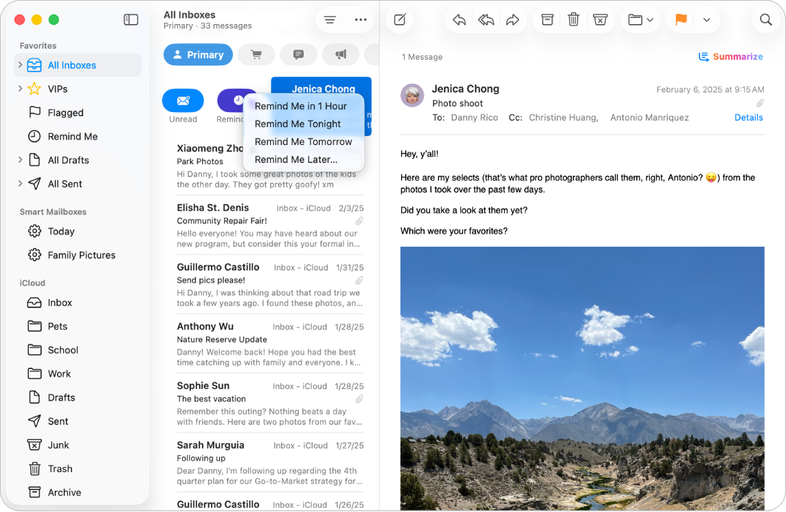 Una ventana de Mail mostrando varias opciones de Recordarme.
