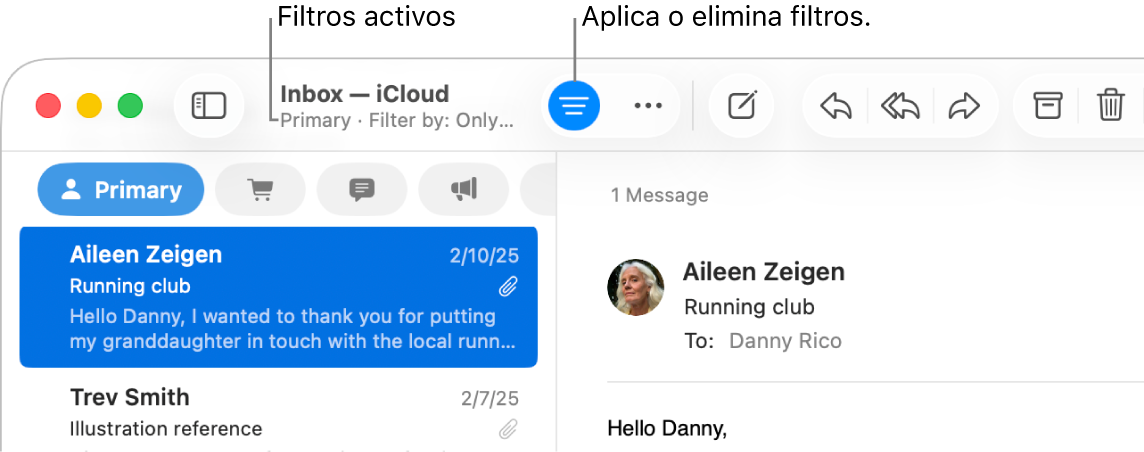 La ventana de Mail mostrando la barra de herramientas arriba de la lista de mensajes, donde Mail indica cuáles filtros están aplicados, como Sólo correos con adjuntos.