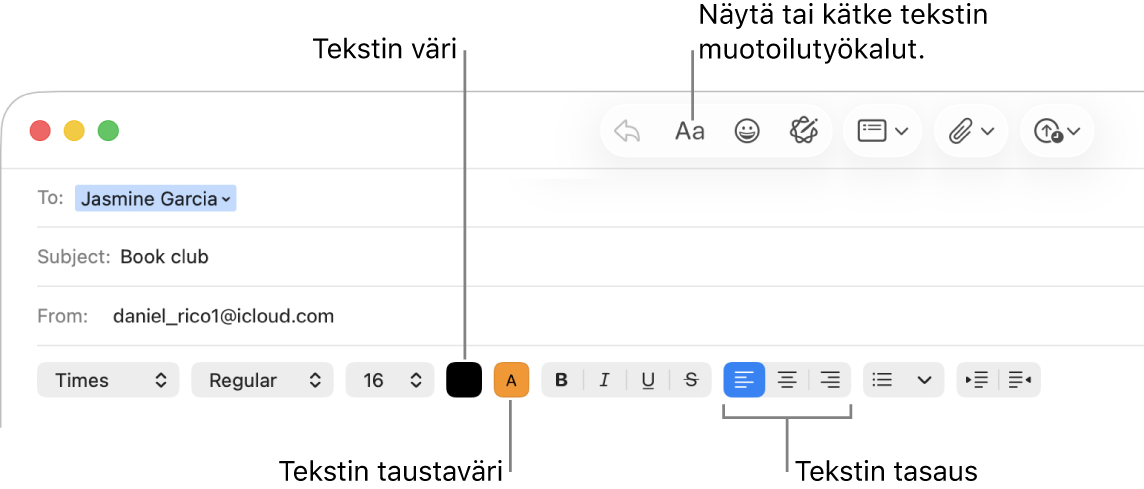 Uuden viestin ikkunan työkalupalkki ja muotoiluvalinnat, joissa näytetään tekstin värin, taustavärin ja tasaamisen painikkeet.