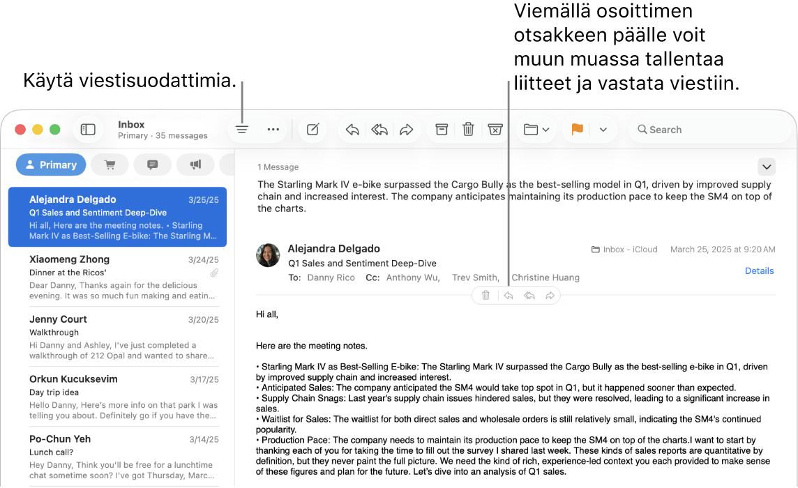 Mail-ikkuna. Käytä viestisuodattimia klikkaamalla työkalupalkin Suodata-painiketta. Siirrä osoitin viestin otsakealueen päälle, niin näet esimerkiksi painikkeet vastaamiseen ja liitteiden tallentamiseen.