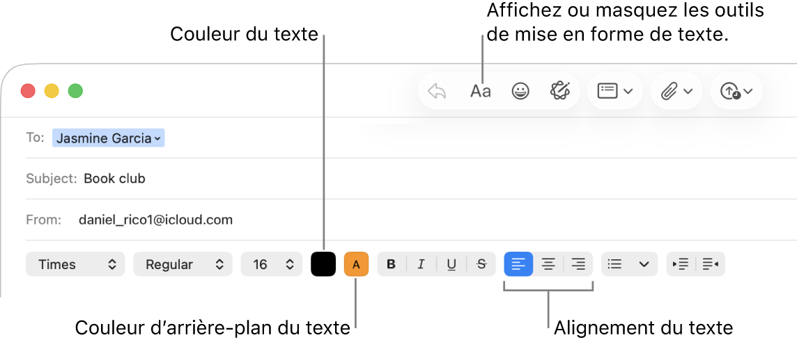 Barre d’outils et options de mise en forme d’une fenêtre de nouveau message qui indique la couleur du texte, la couleur d’arrière-plan du texte et les boutons d’alignement du texte.