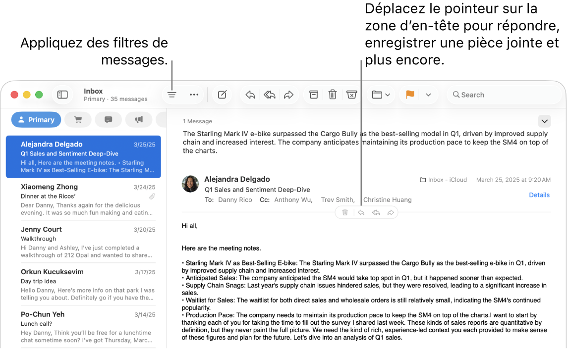 La fenêtre Mail. Cliquez sur le bouton Filtrer dans la barre d’outils pour appliquer les filtres de messages. Pour afficher les boutons permettant de répondre à un message, de sauvegarder des pièces jointes et autres, placez le pointeur sur la zone d’en-tête d’un message.