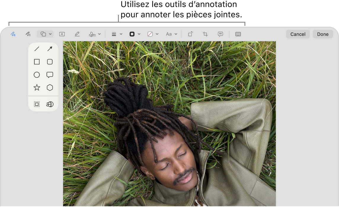 Une pièce jointe avec la barre d’outils Annotation en haut.