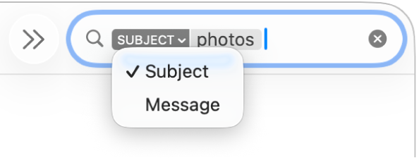 Un filtre de recherche avec la flèche vers le bas développée affichant deux options : Objet et Message. Objet est sélectionné.