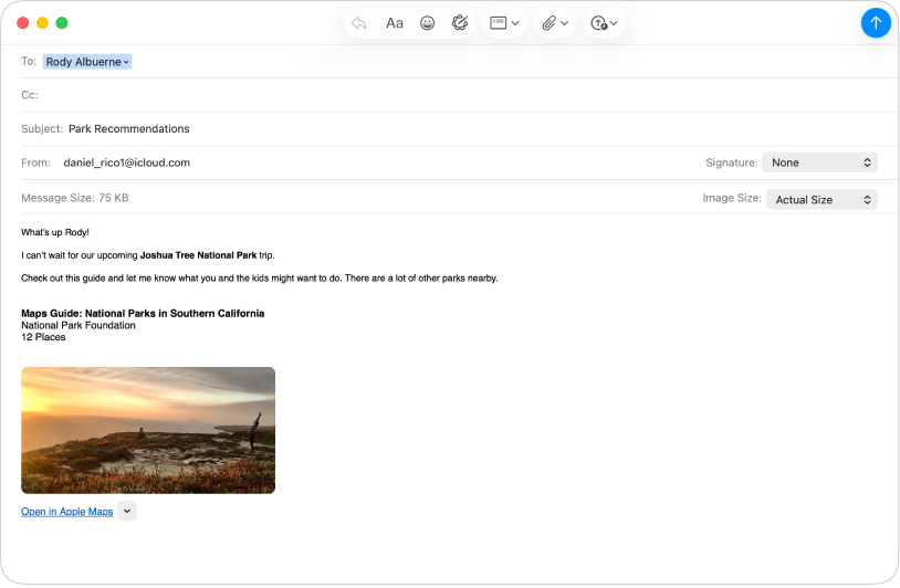 Une nouvelle fenêtre de message affichant un e-mail avec un destinataire, un expéditeur, un objet et un message.