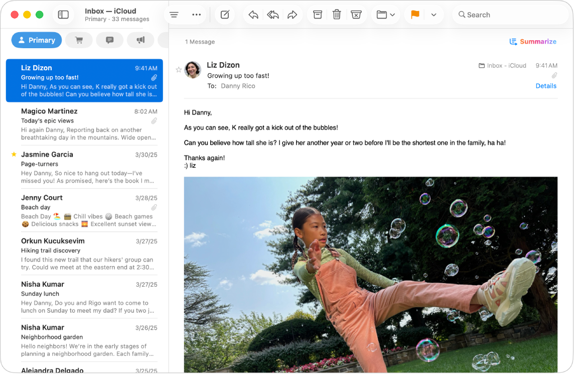 A Mail ablak megjelenít egy üzenetet az Elsődleges üzenetlistáról.