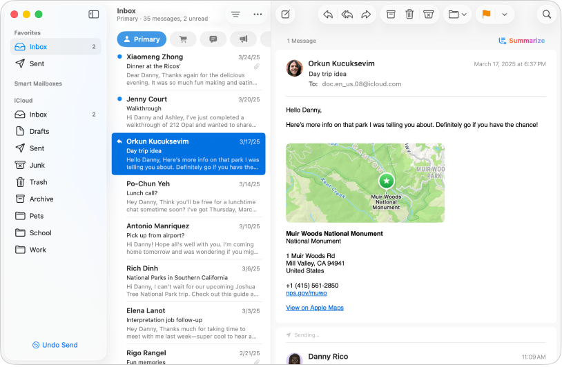 Una finestra di Mail con diverse caselle di posta nella barra laterale.
