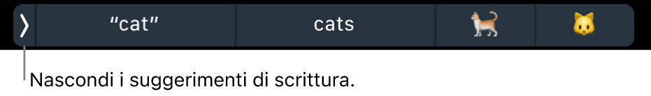 Suggerimenti di scrittura con parole ed emoji. Il pulsante sulla sinistra consente di nascondere i suggerimenti di scrittura.