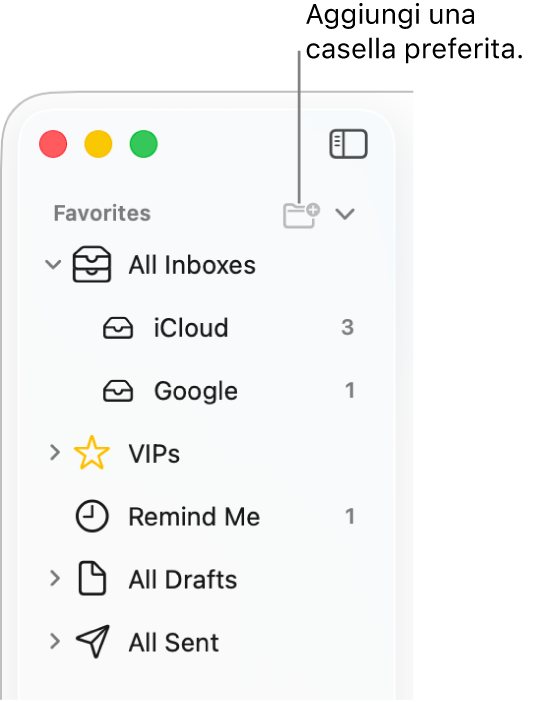 La barra laterale di Mail che mostra vari account e caselle, e sezioni come Preferiti e “Bozze (tutte)”. Nella parte superiore della barra laterale, fai clic sul pulsante alla destra di Preferiti per aggiungere una casella alla sezione.