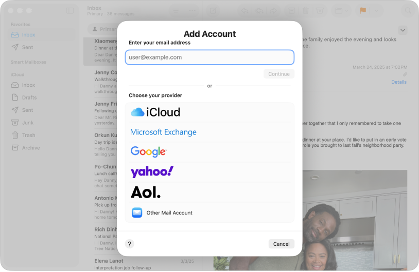 「メール」ウインドウ。アカウントダイアログが表示されています。