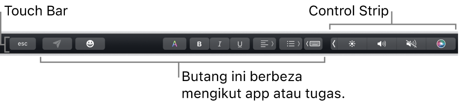 Touch Bar merentas bahagian atas papan kekunci, menunjukkan Control Strip yang diruntuhkan di sebelah kanan dan butang yang berbeza mengikut app atau tugas.