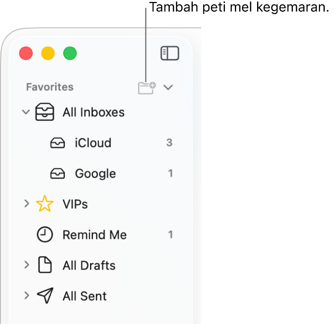 Bar sisi Mail menunjukkan akaun dan peti mel berlainan serta bahagian seperti Kegemaran dan Semua Draf. Di bahagian atas bar sisi, klik butang di sebelah kanan Kegemaran untuk menambah peti mel ke bahagian tersebut.