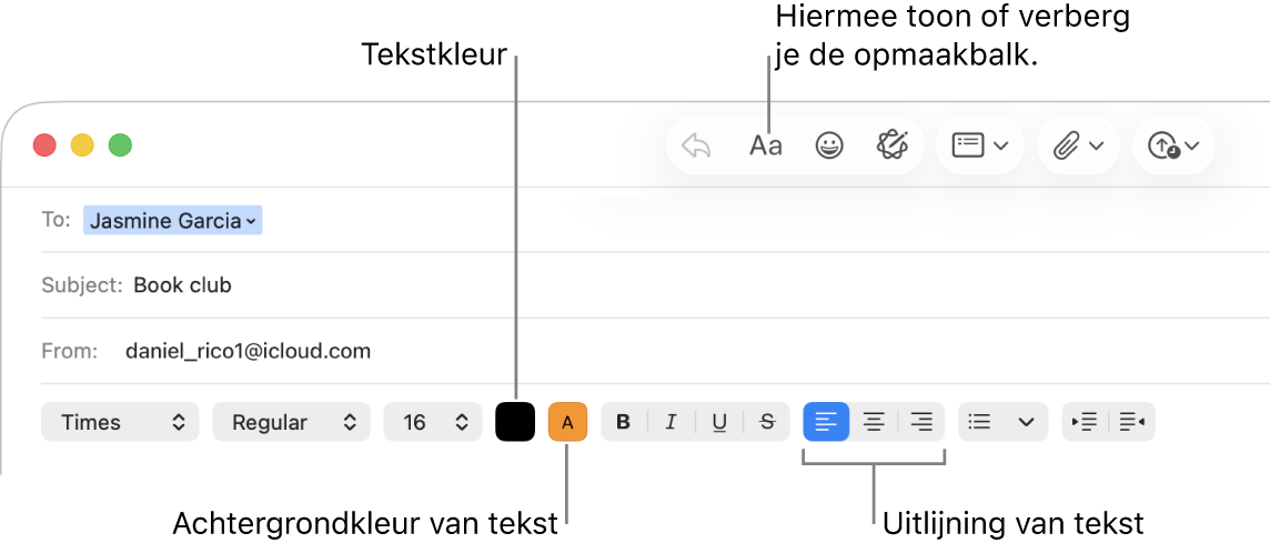 De knoppenbalk en opmaakopties in een venster voor het opstellen van een bericht, met de knoppen voor tekstkleur, achtergrondkleur van tekst en tekstuitlijning.