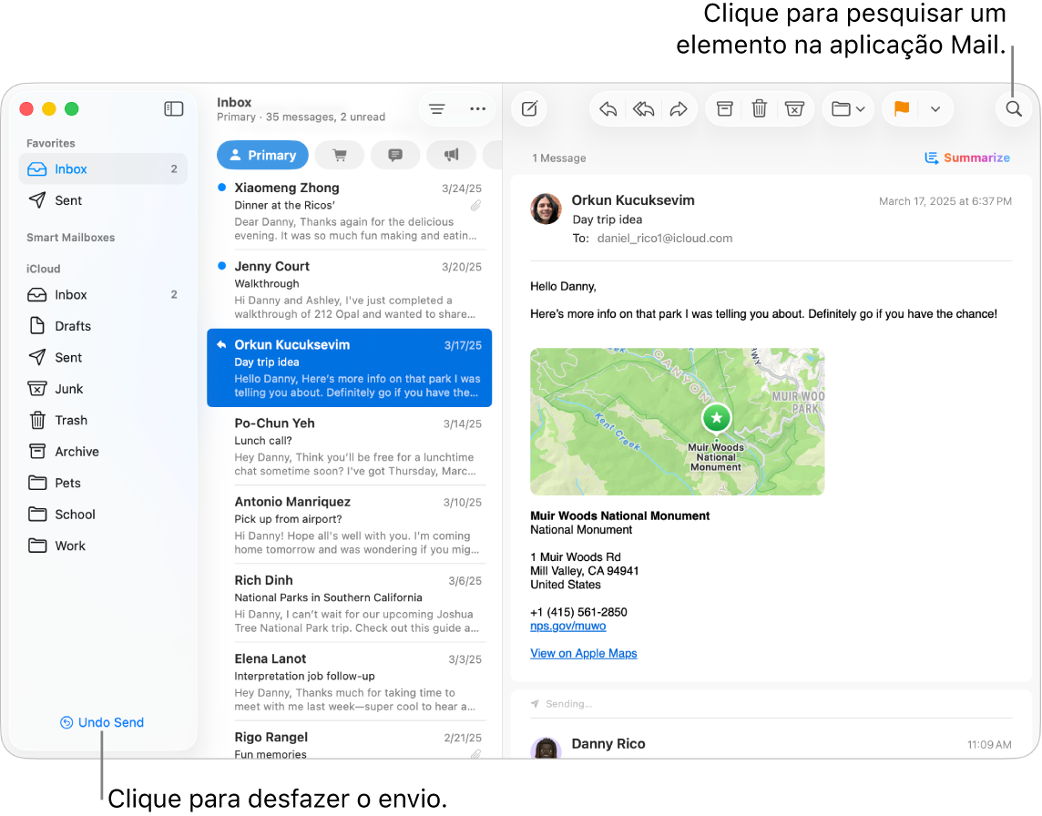 Uma janela do Mail com a barra lateral à esquerda. O botão “Desfazer Enviar” encontra-se na parte inferior da barra lateral.