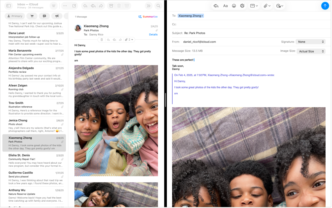 A lista de mensagens lado a lado, com uma janela de composição, em Split View