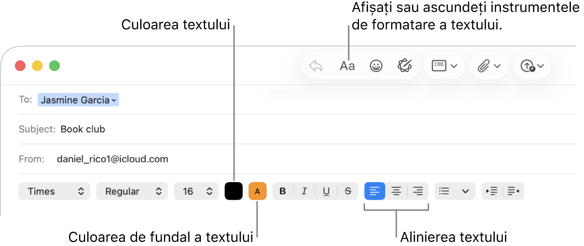 Bara de instrumente și opțiunile de formatare dintr-o fereastră de mesaj nou indicând culoarea textului, culoarea fundalului textului și butoanele de aliniere a textului.