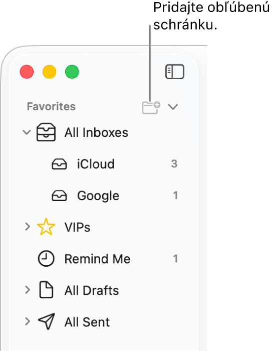 Postranný panel apky Mail zobrazujúci rôzne účty a schránky, ako aj sekcie Obľúbené a Všetky koncepty. V hornej časti postranného panela kliknutím na tlačidlo nachádzajúce sa napravo od položky Obľúbené pridajte schránku do tejto sekcie.
