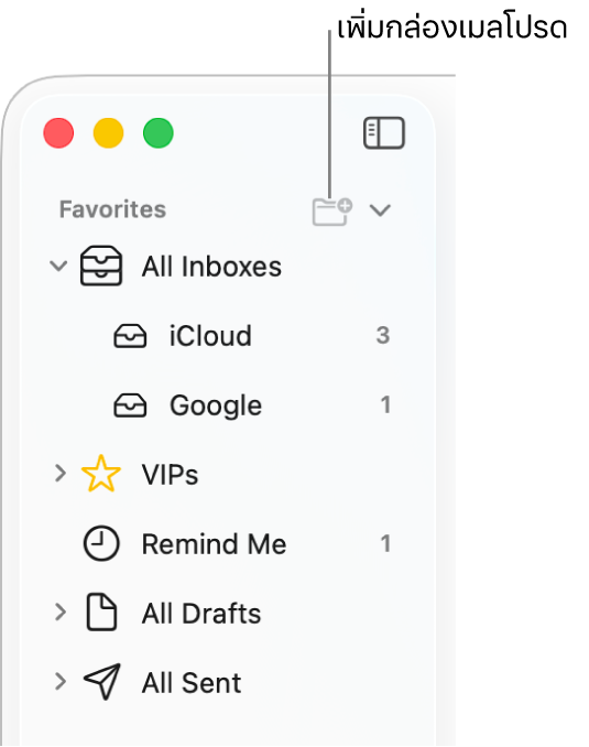แถบด้านข้างของแอปเมลที่แสดงบัญชีและกล่องเมล รวมถึงส่วนต่างๆ เช่น รายการโปรดและฉบับร่างทั้งหมด ที่ด้านบนสุดของแถบด้านข้าง ให้คลิกปุ่มที่อยู่ทางขวาของรายการโปรดเพื่อเพิ่มกล่องเมลไปยังส่วนนั้น