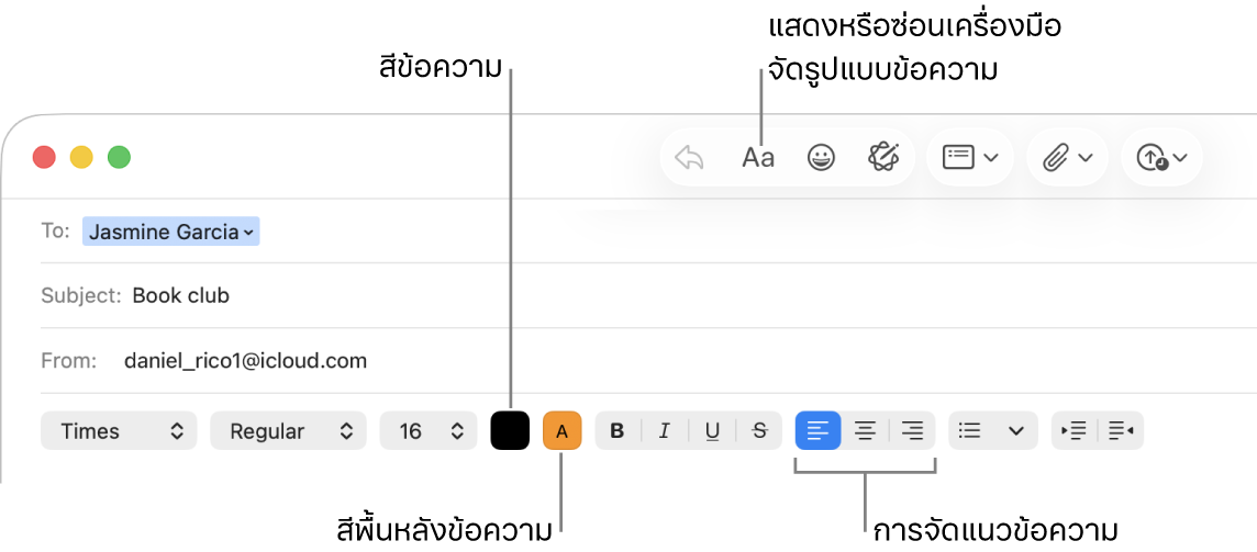 แถบเครื่องมือและตัวเลือกการจัดรูปแบบในหน้าต่างข้อความใหม่ ซึ่งแสดงปุ่มต่างๆ ได้แก่ สีข้อความ สีพื้นหลังข้อความ และการจัดแนวข้อความ