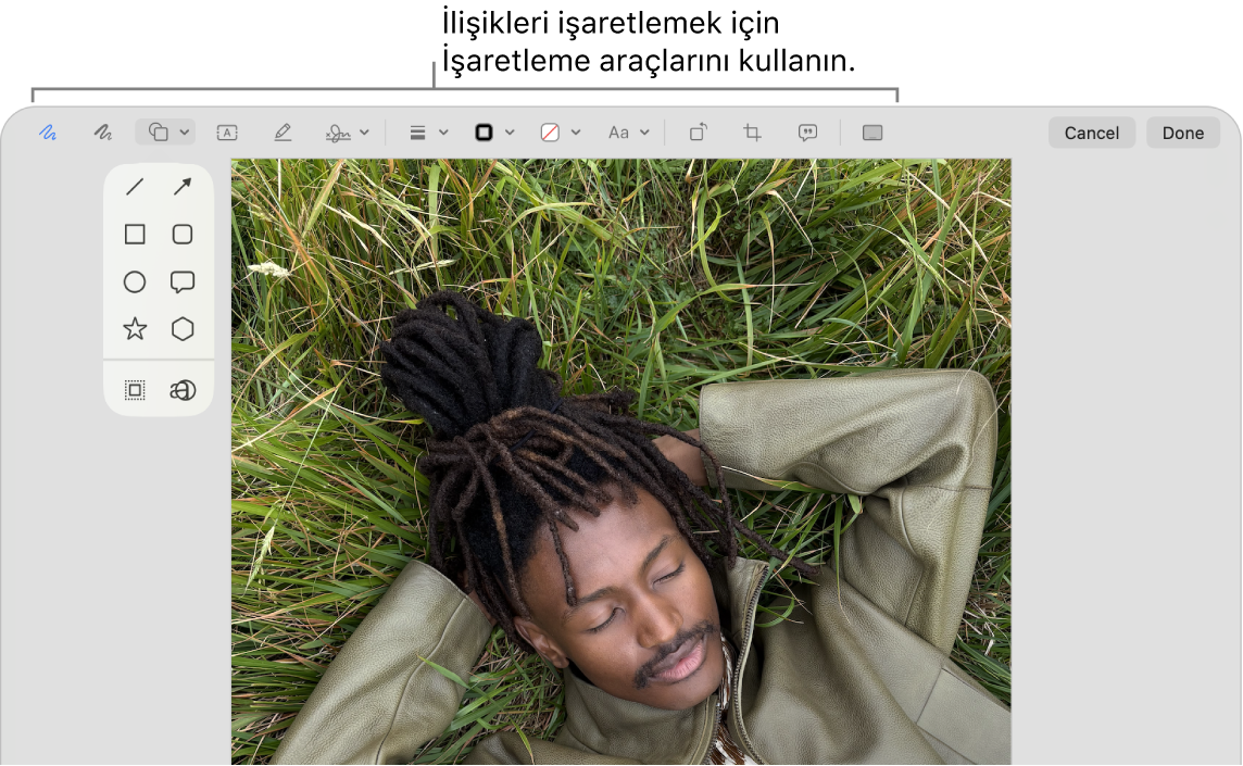 Üst tarafında İşaretleme araç çubuğu bulunan bir ilişik.