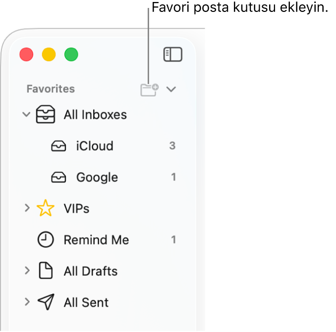 Favoriler ve Tüm Taslaklar gibi bölümler ile farklı hesapları ve posta kutularını gösteren Mail kenar çubuğu. Kenar çubuğunun en üstünde, Favoriler bölümüne bir posta kutusu eklemek için sağ tarafındaki düğmeyi tıklayın.