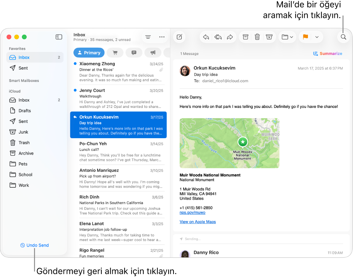 Solda kenar çubuğunu gösteren bir Mail penceresi. Göndermeyi Geri Al düğmesi kenar çubuğunun en altında.