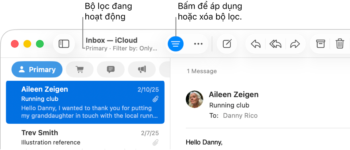 Cửa sổ Mail đang hiển thị thanh công cụ bên trên danh sách thư nơi Mail biểu thị bộ lọc được áp dụng, ví dụ như “Chỉ thư có tệp đính kèm”.