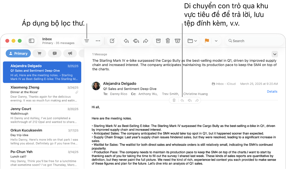 Cửa sổ Mail. Bấm vào nút Bộ lọc trong thanh công cụ để áp dụng các bộ lọc thư. Để hiển thị các nút để trả lời, lưu tệp đính kèm, v.v, hãy di chuyển con trỏ lên trên khu vực tiêu đề của thư.