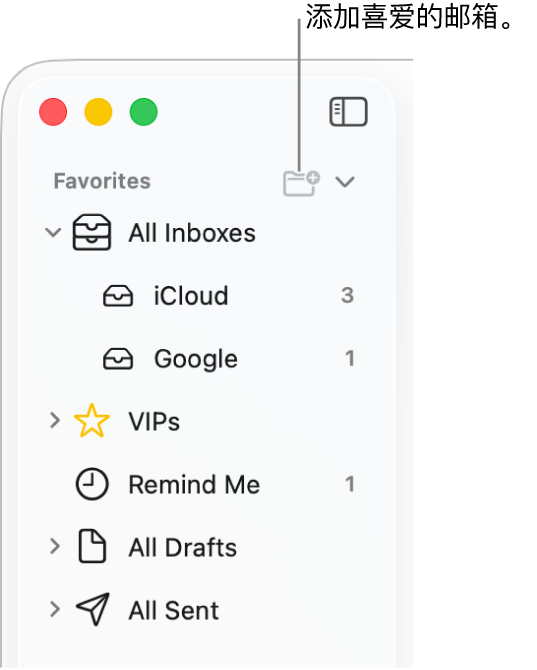 “邮件”边栏显示不同的账户和邮箱,以及“个人收藏”和“所有草稿”等部分。在边栏的顶部,点按“个人收藏”右侧的按钮以向该部分添加邮箱。