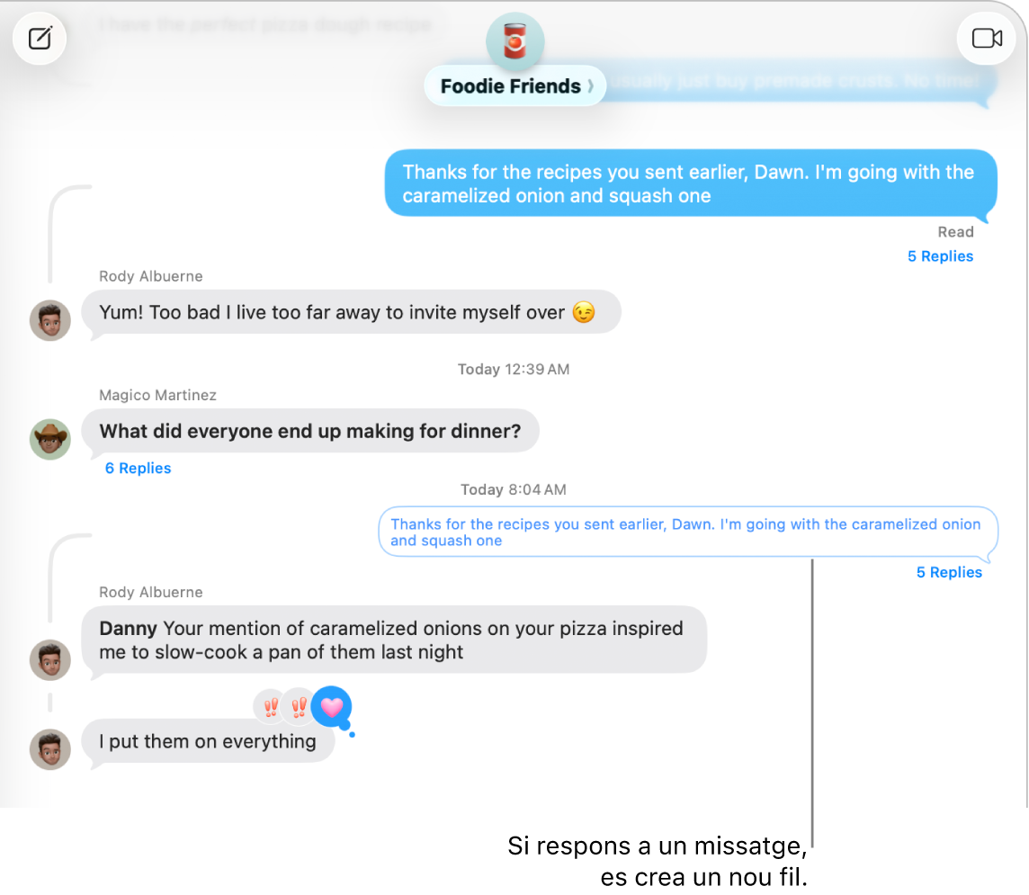 La finestra de l’app Missatges mostrant una conversa amb un fil nou a sota d’un missatge específic.