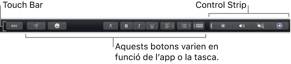 La Touch Bar, situada a la part superior del teclat, que mostra la Control Strip contreta, a la dreta, i botons que varien segons l'app o la tasca.