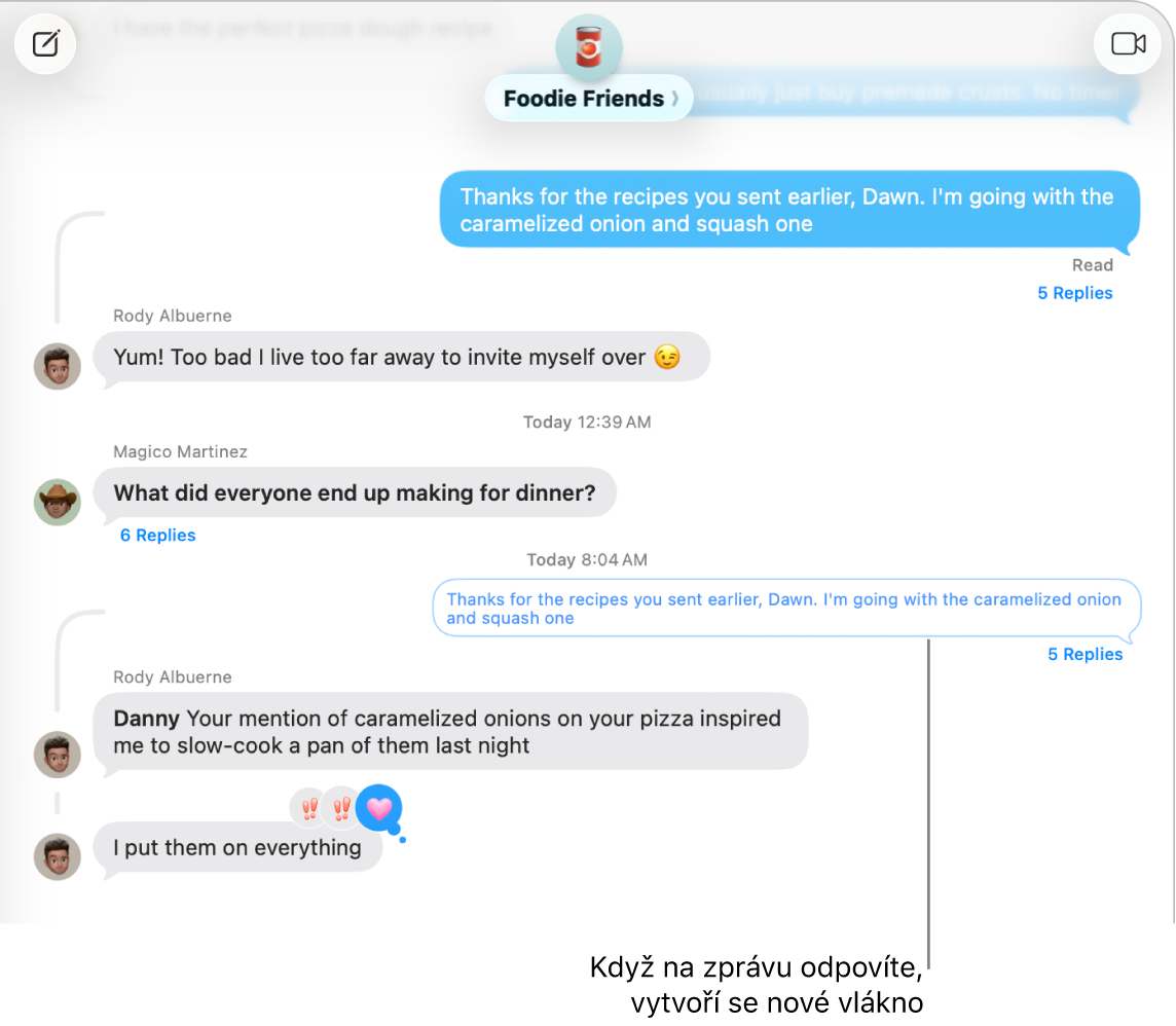 Okno Zpráv zobrazující konverzaci s novým vláknem pod určitou zprávou