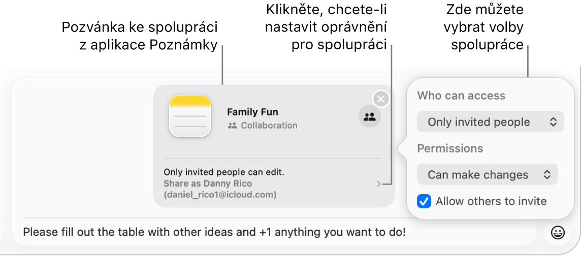 Detailní zobrazení pole textové zprávy na konci konverzace ve Zprávách Je v něm pozvánka ke spolupráci na poznámce Kliknete‑li na pravou stranu pozvánky, můžete nastavit oprávnění pro spolupráci.