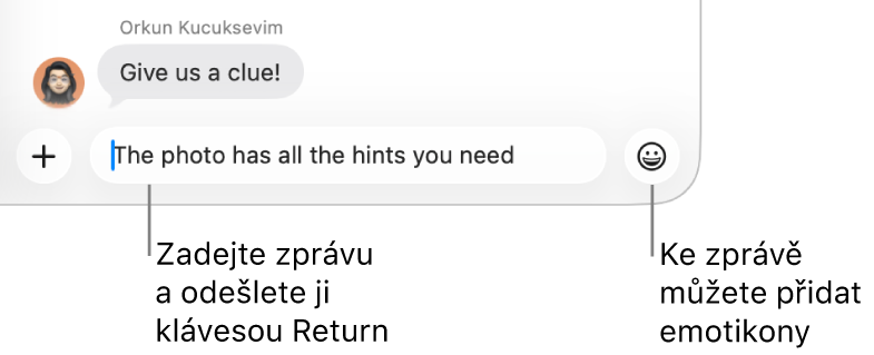 Okno aplikace Zprávy se přepisem konverzace a polem zprávy u dolního okraje okna