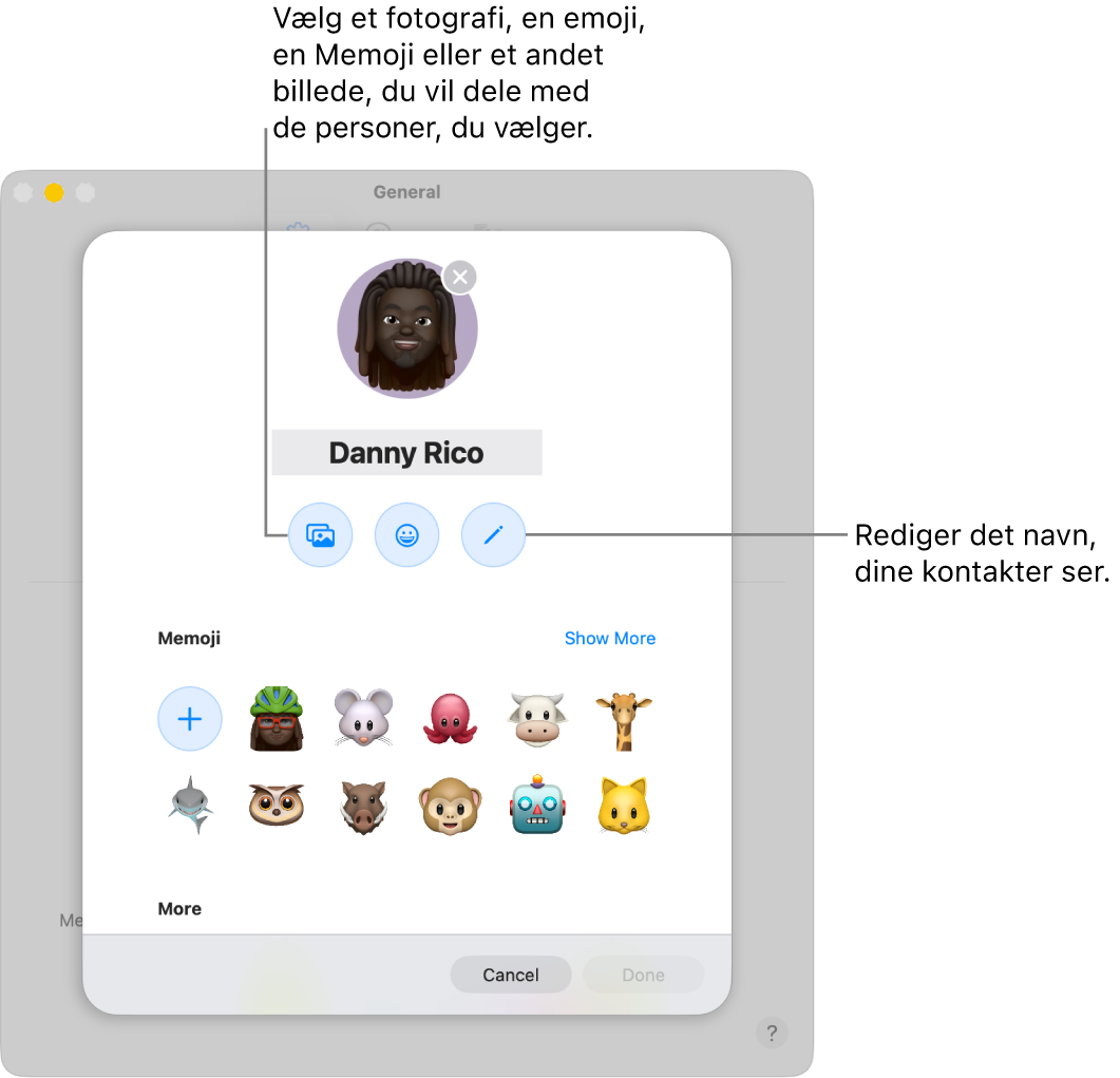 Dialogen Deling af navn og foto, hvor du kan redigere navne på dine kontakter og se og vælge et foto, en emoji, en Memoji eller et andet billede.