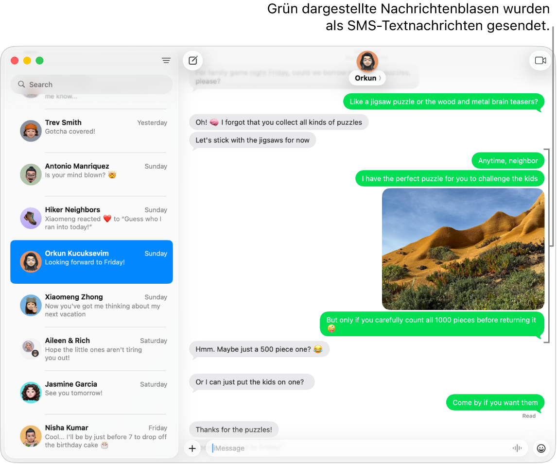 Im Fenster „Nachrichten“ sind mehrere Konversationen links in der Seitenleiste aufgelistet und rechts ist ein Protokoll zu sehen. Die Sprechblasen der Nachrichten sind grün, um zu zeigen, dass sie als SMS-, MMS- oder RCS-Textnachrichten gesendet wurden.