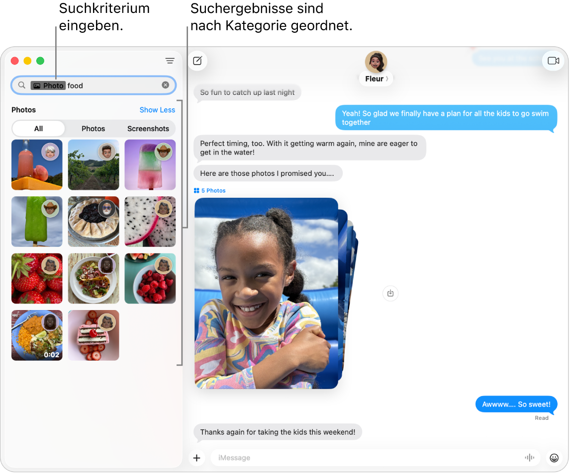 Das Fenster der App „Nachrichten“ mit dem Suchfeld oben links, in das Suchkriterien eingegeben wurden. Darunter sind die Suchergebnisse nach Kategorien wie Konversationen, Nachrichten und Fotos angeordnet.